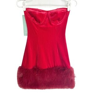 Johnny Wujek Velvet Fur Hem Corset Glam Coquette Bustier Mini Dress Women 0 XS